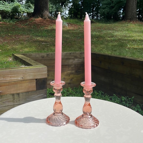 Taiwan Pink Depression Glass (Set of 2) Candlesticks Holders GLOW 6" Tall - Picture 2 of 7